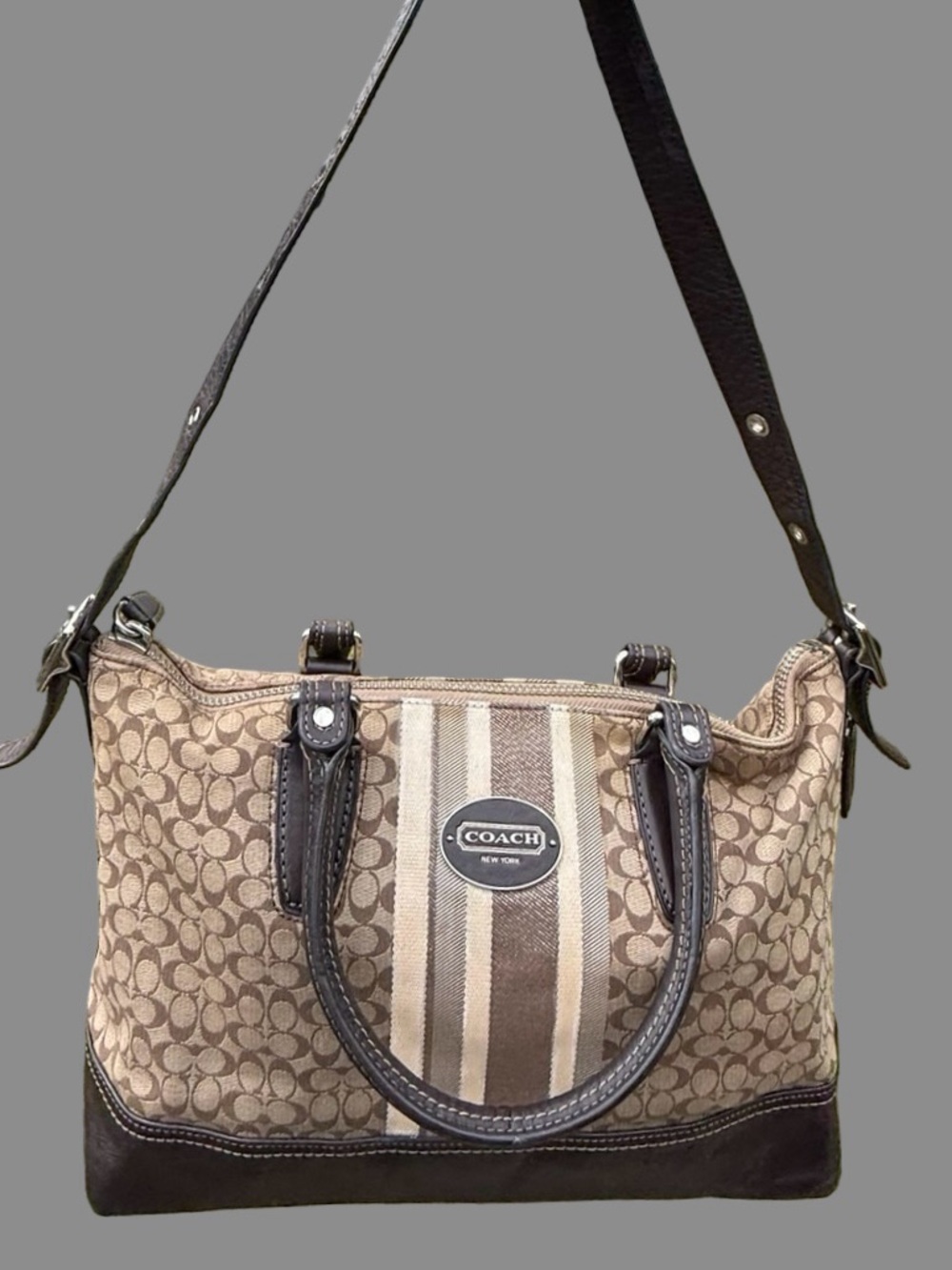 Coach Legacy Signature Stripe Molly Satchel Convertible Bag Khaki/Mahogany 21154